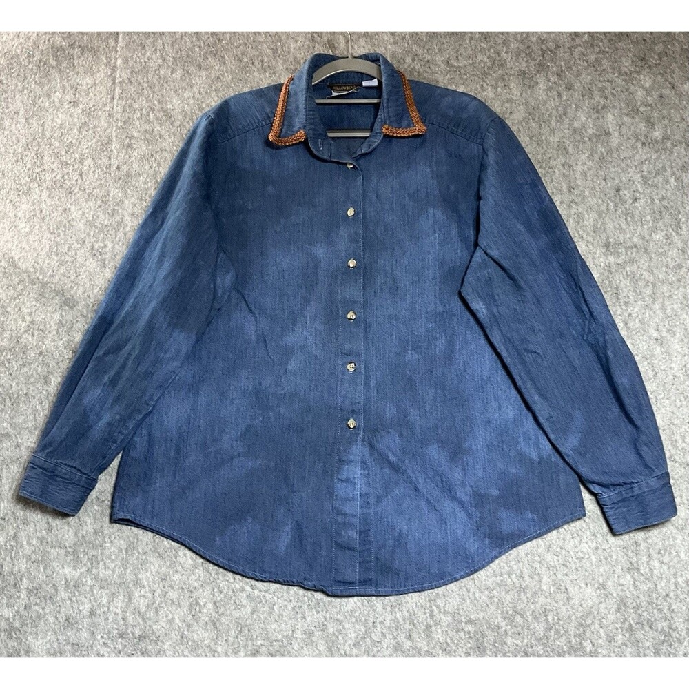 Vintage Custom Shirt Womens Large Blue Denim Hand Dyed Wearable Art Top Upcycled